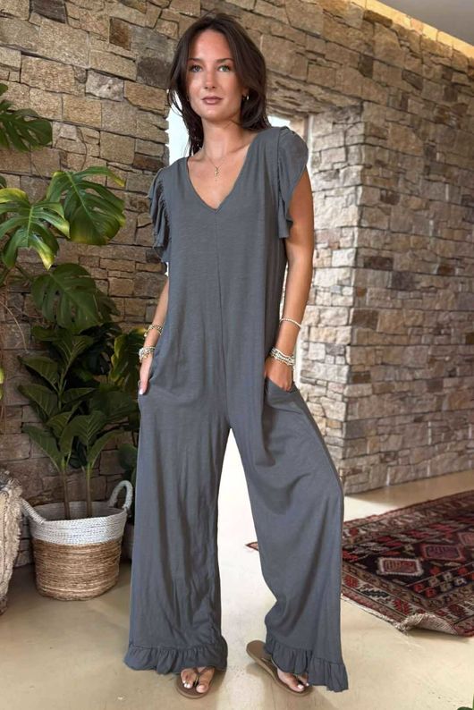Made in Italy Bay Slub Mamma Mia Frill Jumpsuit Steel /7 =